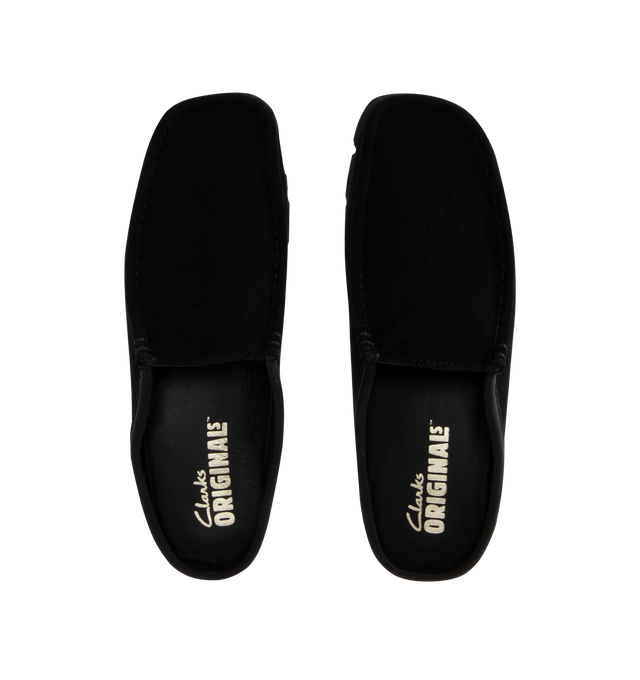 Image 4 of 4 - BLACK - CLARKS Wallabee Slip Shoes featuring suede upper, lightweight Vibram sole, tonal leather collars and Clarks Originals heat-embossed metallic transfer on sock bed. 