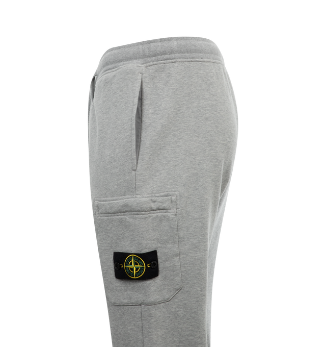 Image 3 of 3 - GREY - STONE ISLAND Fleece Pants featuring drawstring at elasticized waistband, three-pocket styling, zip-fly, rib knit cuffs, cargo pocket at outseam and detachable logo patch at outseam. 