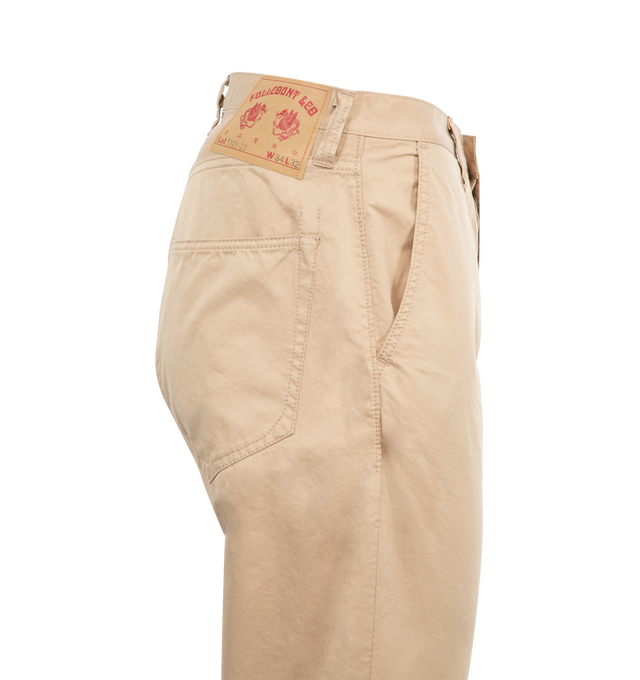 Image 3 of 3 - BROWN - FULLCOUNT Duke Burberry Twill Pant featuring a glossy finish, high water repellency, high rise, wide leg, button fly, two front slash pockets, enlarged single stitch back pockets and concealed back copper rivets. 100% cotton. 