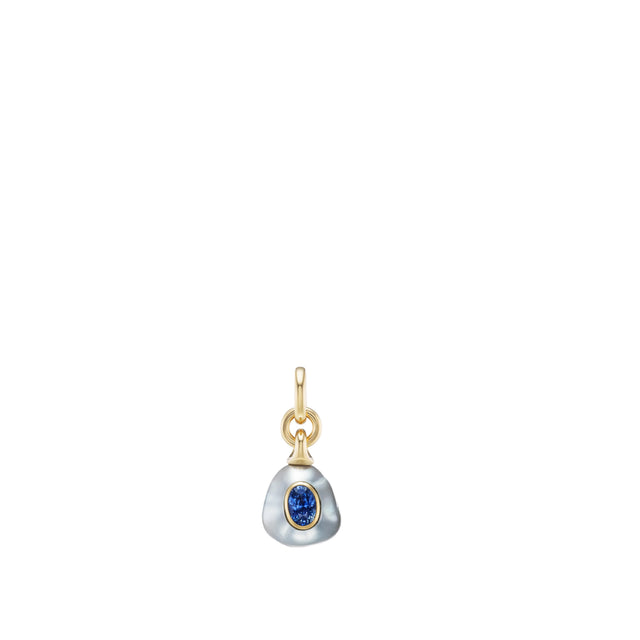 Image 1 of 2 - GOLD - Uniform Object Pearl Drop Pendant featuring 9.5 g of 18K yellow gold with a 3.06 ct oval-cut Ceylon blue sapphire and a South Sea pearl. Handcrafted in New York City. Designed to complement the Uniform Object Carbon Torque and System Necklace collections. Hirshleifers offers a range of pieces from this collection in-store. For personal consultation and detailed information about jewelry, please contact our dedicated stylist team at personalshopping@hirshleifers.com. 