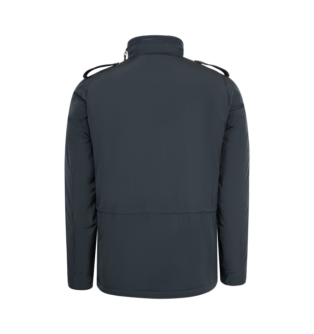 Image 4 of 5 - NAVY - ASPESI Mini Field Jacket in nylon taffeta featuring extra-thermal wad padding, detachable fold-away hood, zip plus hidden button fastening and wind flap, waterproof, four patch pockets, drawstring waist, zipper pull branded with the micro-injected Aspesi logo and slim fit. 100% polyamide. 