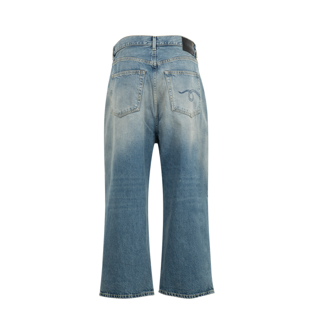 Image 2 of 3 - BLUE - R13 Crop Wide Leg Jean featuring pleated waist, knee darts and tapering for a fuller silhouette, mid weight italian denim and soft vintage wash. 100% cotton. Made in Italy.  