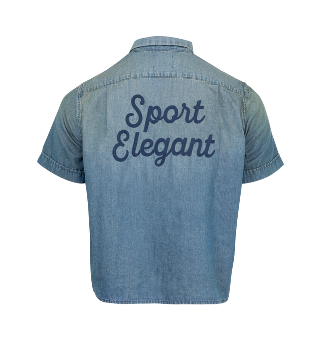 Image 2 of 2 - BLUE - GALLERY DEPT. Bartz Shirt featuring short sleeve chambray button-up shirt, boxy, relaxed fit, 'SPORT ELEGANT' embroidered on the back and front pocket. 100% cotton. Made in USA. 