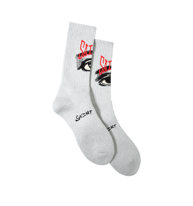 Image 1 of 3 - GREY - Saint Michael Mens Socks are crafted from a durable cotton-blend knit. Feature ribbed detailing, stitched branding and imagery, and a comfortable stretch fit. Main Material: Cotton, Polyester, Nylon, and Elastane Blend. Made in the USA. 