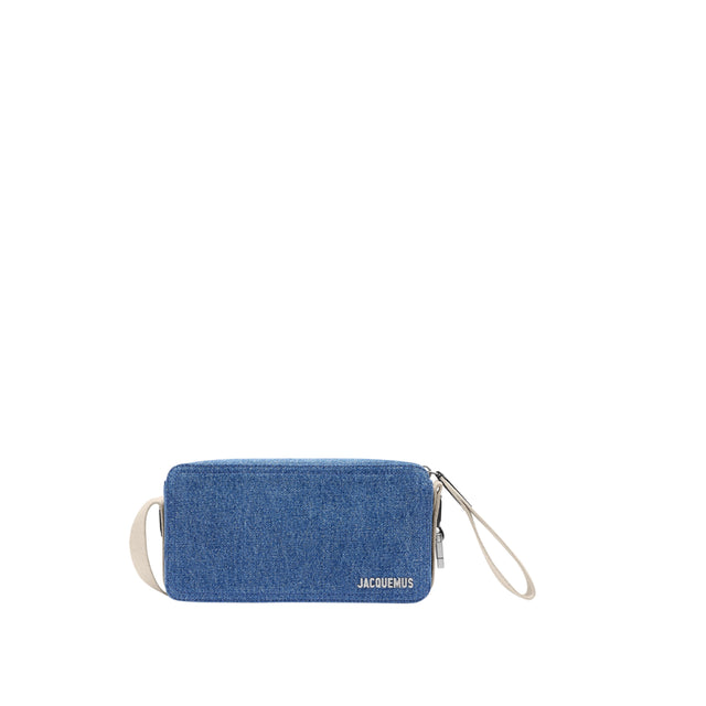 Image 1 of 4 - BLUE - JACQUEMUS Le Cuerda Horizontal Bag featuring adjustable shoulder strap and metal buckle, zip closure with wrist strap, exterior patch pocket, engraved lobster clip, interior patch pocket, silver metal logo and hardware and fully lined in cotton. 12 cm x 23 cm. 100% cotton. 