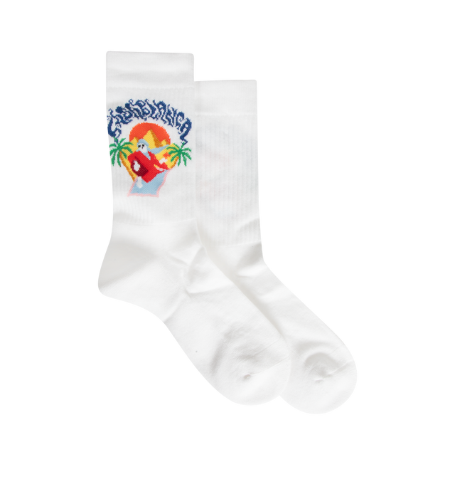 Image 1 of 2 - WHITE - The Casablanca Men's white Eveil Ancestral Socks are a sports design crafted from a cotton blend, featuring the house's Casa artwork and signature diamond logo. 87% recycled cotton 12% polyamide 1% elastane. Made in Portugal 