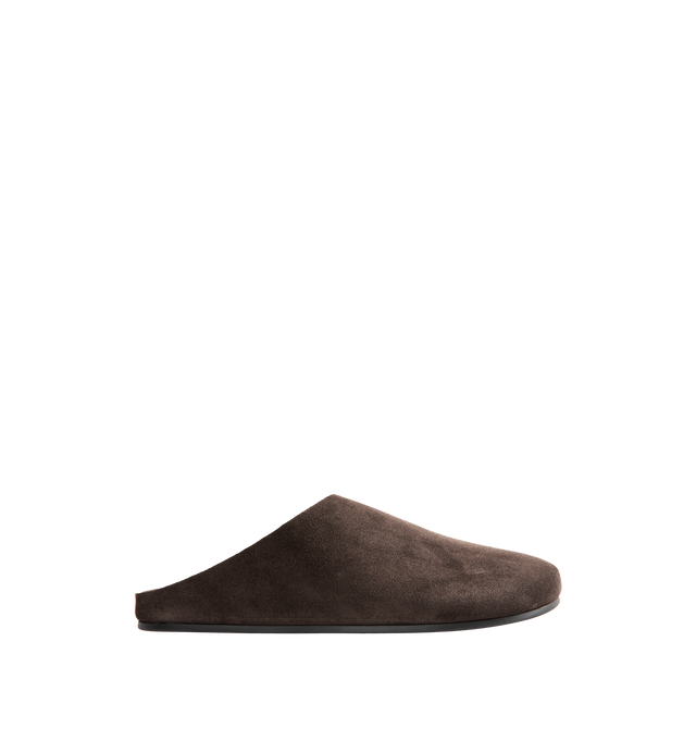 Image 1 of 4 - BROWN - The Row Women's Hudson Slide in Suede featuring relaxed slip-on shoe in natural suede with round toe, contoured footbed, and rubber sole. 100% calfskin leather. Rubber sole. Made in Italy. 