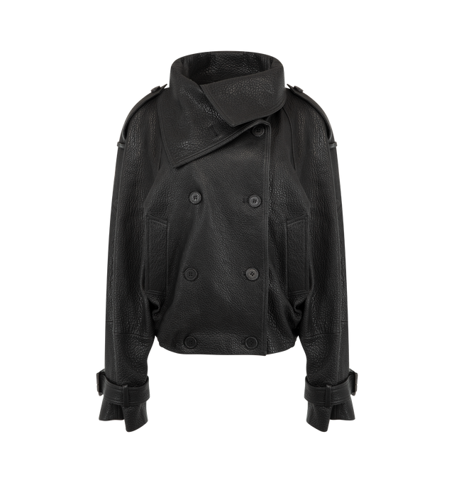Image 1 of 3 - BLACK - Acne Studios Women's Cropped Leather Trench Coat is crafted from full-grain lamb leather and features a double-breasted silhouette with an elongated neckline, elasticated balloon hem, epaulettes, sleeve tabs with buckle detailing, and side pockets. This designer leather trench coat combines contemporary tailoring with premium craftsmanship, finished with a signature leather logo label at the back neckline and a relaxed, below-the-waist fit. Main Material: 100% Lamb Leather. Lining: 10 