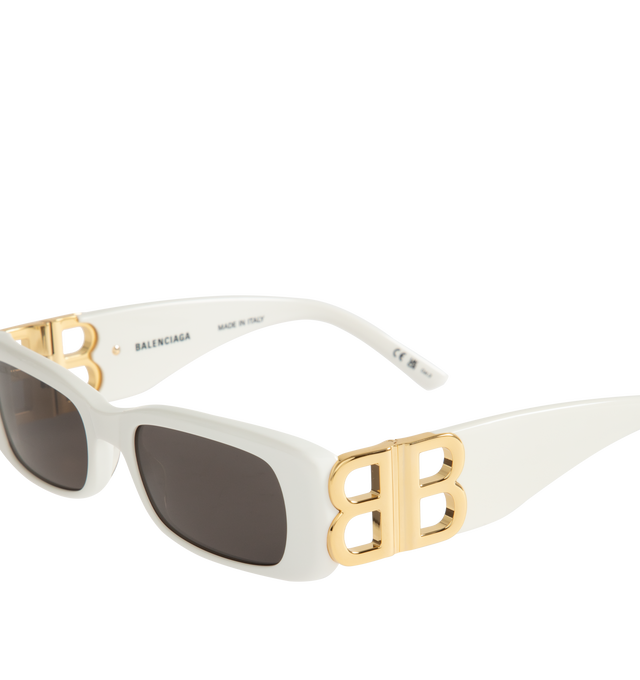 Image 3 of 3 - WHITE - BALENCIAGA Dynasty Rectangle Sunglasses featuring full acetate frame and temples, rectangle shape, standard fit, hidden hinges within the BB logo, lasered logo on the right lens and lens category 3. 100% UVA/UVB protection. Made in Italy. 