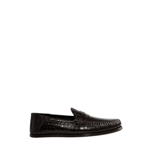 Image 1 of 5 - BROWN - Tom Ford Men's Soft Printed Alligator Sebastian Loafer is crafted from soft printed alligator-effect calf leather and features a distinctive twisted band detail. Designed as a soft loafer with a collapsible back, this versatile style can also be worn as a sabot. The refined silhouette is finished with a leather lining and a durable leather and rubber sole. Main Material: 100% Calf Leather. Lining: 75% Kid Leather, 25% Calf Leather. Sole: 70% Rubber, 30% Calf Leather. Made in Italy. 