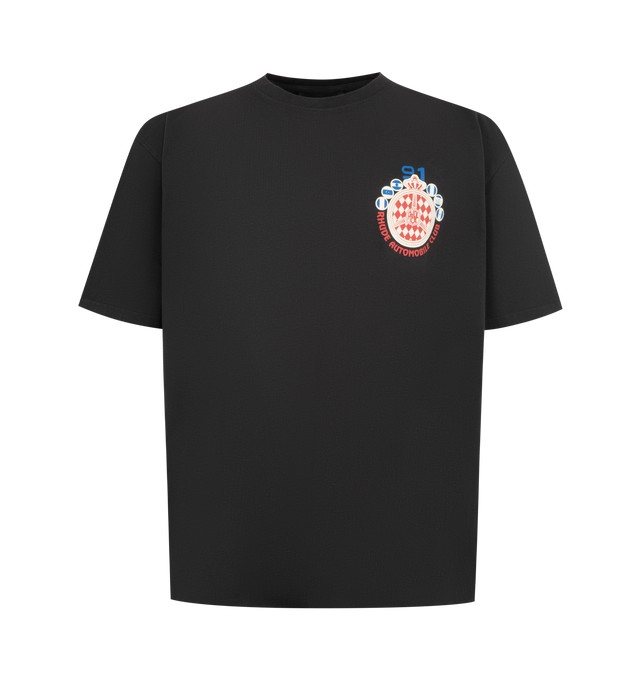 Image 1 of 2 - BLACK - Rhude Mens Automobile Club T-Shirt is crafted from a cotton jersey. Features a crew neck, short sleeves, custom fit, and graphics printed on the front chest and back. Main Material: 100% Cotton. Made in the USA. 