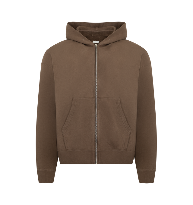 Image 1 of 2 - BROWN - VISVIM Jumbo SB Hoodie F.Z. featuring full zip hoodie, signature relaxed Jumbo fit, natural dye process, soft cotton fleece, drawstring hood, full zip closure, ribbed cuffs and hem and a classic kangaroo pocket. 100% cotton. Made in Japan. 