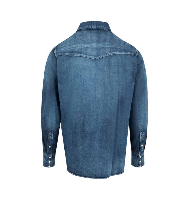 Image 2 of 2 - BLUE - Visvim Social Sculpture Shirt Dmgd featuring rigid denim fabric, pointed collar, snap button closure on front, snap button closure on barrel cuffs, flap pockets on front with button closure, western yoke and curved hem. 100% cotton. 