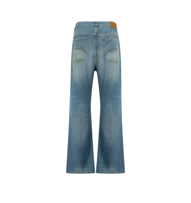 Image 2 of 3 - BLUE - Amiri Mens Slash Bootcut Jeans are crafted from cotton denim. Features a bootcut fit, washed and distressed finish, slashed detailing, classic five-pocket styling, and zip-fly with button closure. Main Material: 100% Cotton. Made in Italy. 