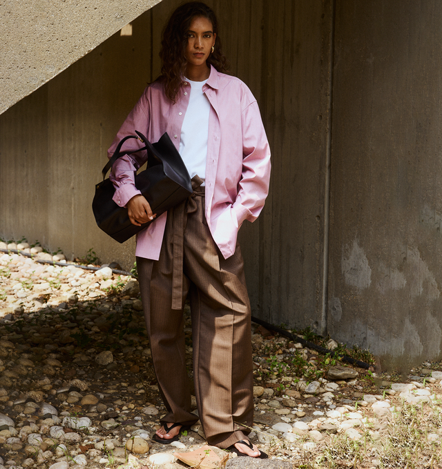 Image 5 of 5 - BROWN - THE ROW Lonan Pant featuring wide-leg pants in tropical wool mohair with minimal waistband construction, removable self belt, pressed front and back crease, and side slash pockets. 60% mohair, 40% wool. Made in Italy. 