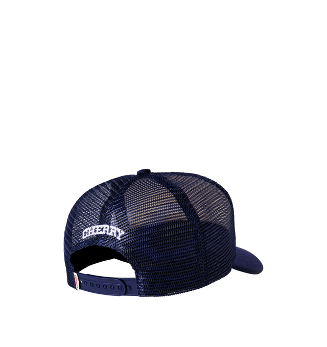 Image 2 of 7 - NAVY - Cherry LA Golden Eagle Trucker Hat is crafted from polyester and features a classic trucker silhouette with a screen-printed Golden Eagle graphic at the front and embroidered detailing at the back. Main Material: Polyester. Fit: Adjustable. Closure: Plastic Snapback Closure. Made in Los Angeles, California. 