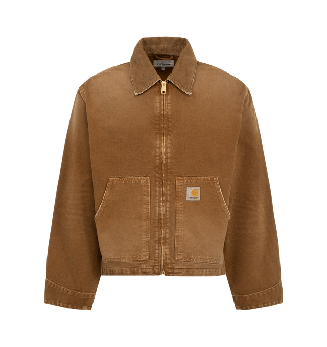Image 1 of 2 - BLACK - Carhartt WIP Men's OG Arcan Jacket is crafted from heavyweight organic Dearborn canvas and features a destroy wash for a distressed, worn-in finish, a corduroy collar, gold-tone zip front closure, and a kangaroo pocket. Cut in the brand's original loose fit, this designer workwear jacket combines durable triple-stitch construction, reinforced stress points, and heritage utility details with a relaxed, contemporary silhouette. Main Material: 100% Organic Cotton Dearborn Canvas (12 oz). 