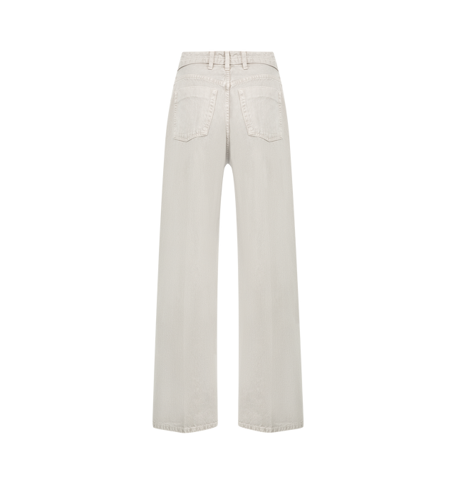 Image 2 of 3 - GREY - RUADH The Archer Jean featuring high rise relaxed trouser jean tailored in recycled cotton rigid denim. Fits true to size and is intended for an oversized slouchy fit. Detailing includes RADH signature triple beltloops at back waist and semi-precious gold hardware. zip fly, shank closure. Sleek and tailored, this jean is a polished classic. 20% Pre-Consumer Recycled Cotton, 80% Better Cotton. Made in the USA. 