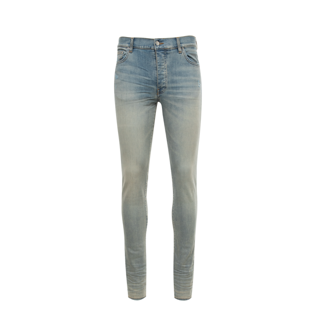 BLUE - AMIRI Stack Jeans featuring skinny-fit stretch denim, fading, whiskering, and subtle distressing throughout, belt loops, five-pocket styling, button-fly, leather logo patch at back waistband and logo-engraved silver-tone hardware. 92% cotton, 6% elastomultiester, 2% elastane. Made in United States.