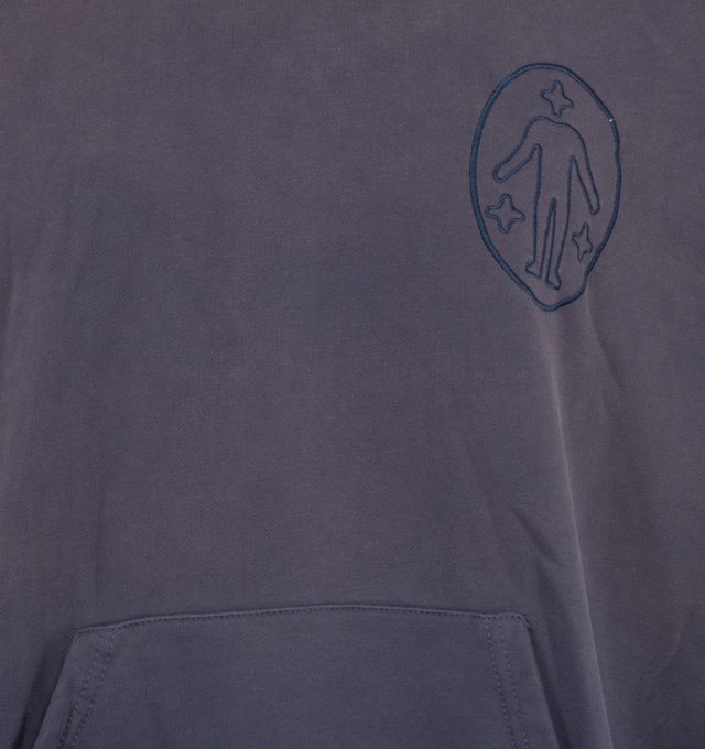 Image 3 of 3 - BLUE - UNTITLED ARTWORKS Signature Hoodie featuring paneled cotton construction, fading, distressing and raw hems, hood, dropped shoulders, long sleeves, rib-knit cuffs and hem, chest logo embroidery, kangaroo pocket, straight hem and oversized fit. 100% cotton. 