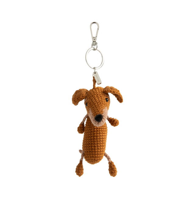 Image 1 of 2 - BROWN - Nahmias Roo Crochet Doxie Keychain is handcrafted in crochet. Features silver-tone hardware and a Nahmias logo tag. Main Material: Crochet. Hardware: Silver-Tone Metal. Imported 