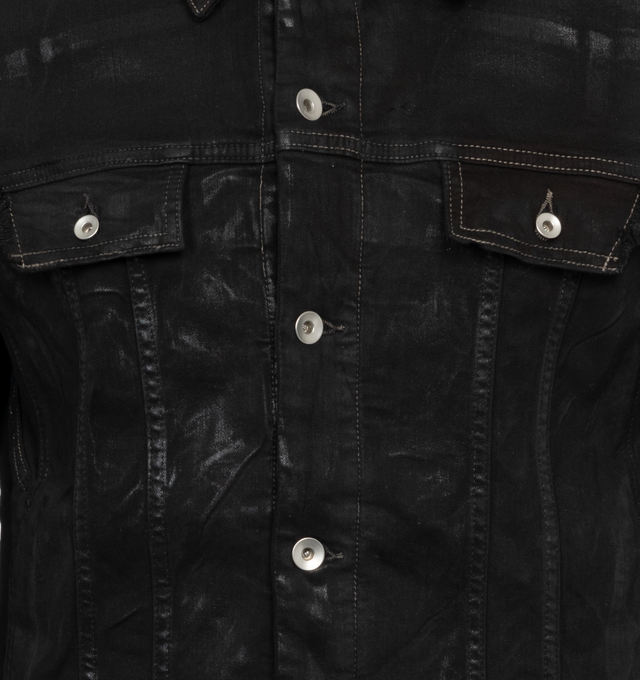 Image 3 of 3 - BLACK - DARK SHADOW Denim Trucker Jacket featuring wax coated, bonded seams, strap detailing, spread collar, front button fastening, long sleeves, two button-fastening, chest pockets and straight hem. 91% cotton, 6% polyester, 3% elastane. Lining: 100% cotton. 