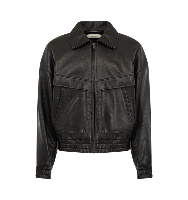 Image 1 of 3 - BLACK - Saint Laurent Mens Leather Jacket is crafted from crinkled grained lamb leather. Features a relaxed fit, high neckline, front zip closure, side welt pockets, interior pocket, elasticized cuffs and hem, and full lining. Main Material: 100% Lamb Leather; Lining: 56% Cotton, 44% Viscose; Pocket Lining: 100% Cotton. Made in Italy. 