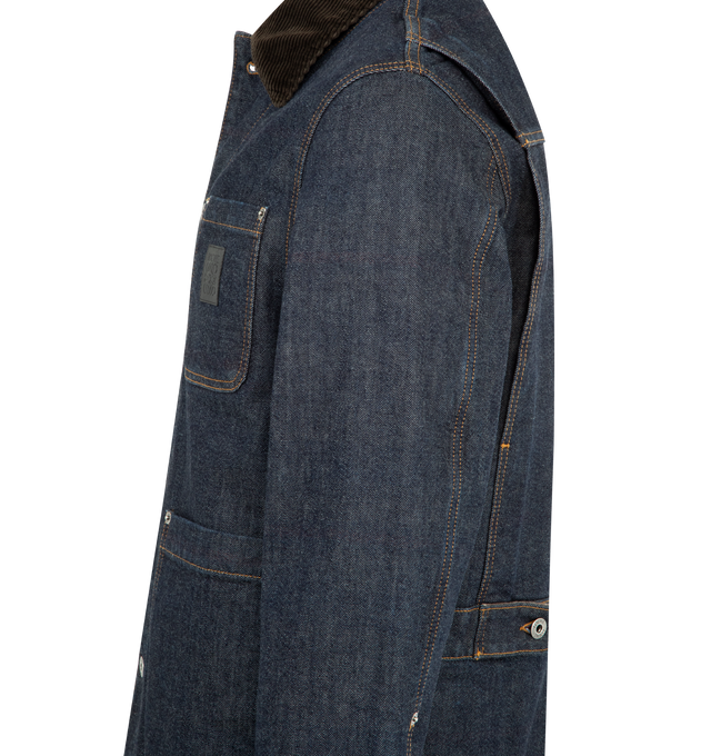 Image 3 of 3 - BLUE - LOEWE Jacket in medium-weight double face cotton denim featuring a corduroy collar, a striped brushed cotton lining, relaxed fit, regular length, button front fastening, buttoned cuffs, chest patch pocket, patch pockets, inside Anagram leather patch pocket, adjustable waist tabs and LOEWE Anagram embossed leather patch placed on the chest pocket. Cotton. Made in Italy. 