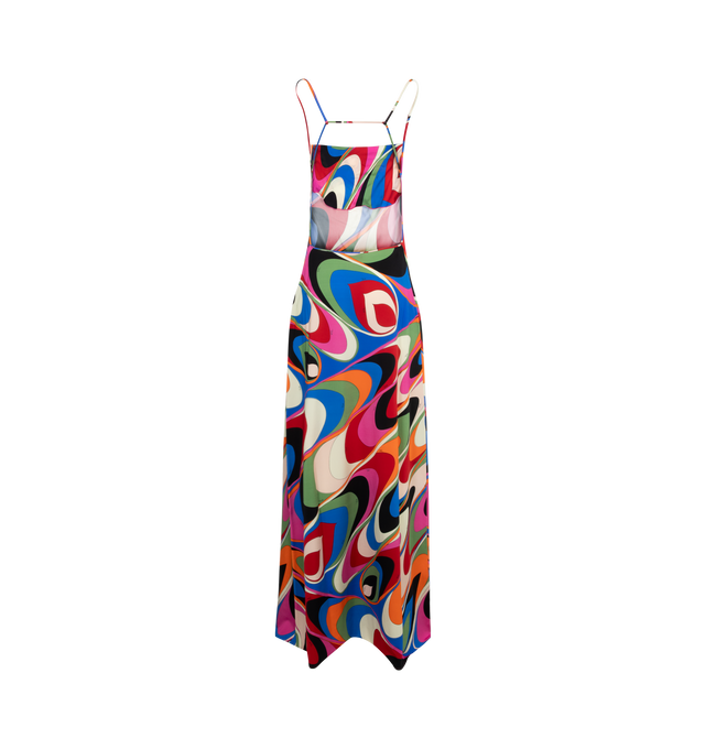 MULTI - PUCCI Onde Print Long Dress featuring a low back, ultra-slim straps, column silhouette, cowl neck, maxi-length hem and slim fit. 95% rayon, 5% elastane. Made in Italy.
