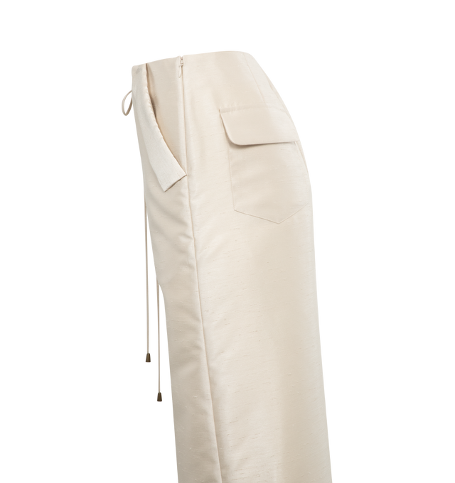 Image 3 of 4 - WHITE - ROSIE ASSOULIN Easy Straight Skirt featuring drawstring waist, 2 side slit pockets and 2 pack flap pockets, maxi length and back slit. 100% polyester.  