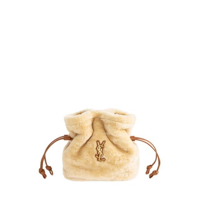 Image 1 of 3 - NEUTRAL - Saint Laurent Women's Jamie Mini Shoulder Bag is crafted from dyed shearling in natural beige and brick with a leather lining. The compact silhouette features bronze-tone Cassandre hardware, an open top with drawstring and magnetic closures, and a detachable, adjustable chain-and-leather strap for shoulder or crossbody carry. Main Material: Dyed Shearling. Lining: Leather. Dimensions: 12 x 15.2 cm / 4.7 x 6 in. Made in Italy. 