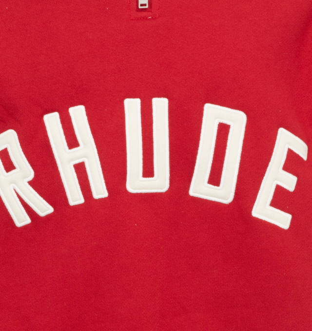 Image 3 of 4 - RED - RHUDE Contrast Varsity Quarter-Zip featuring mockneck, long sleeves, rib-knit trim and quarter-zip closure. 100% cotton. Made in USA. 