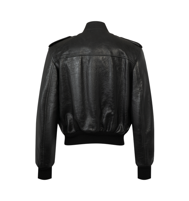 Image 2 of 2 - BLACK - Tom Ford Women's Leather Aviator Jacket is crafted from natural grain lamb leather and features a stand collar with an embossed T-detailed extension, front button closure, front patch pockets, and wool knit cuffs and hem. This designer leather aviator jacket combines a timeless silhouette with refined utility-inspired details for elevated everyday wear. Main Material: 100% Lamb Leather. Lining: 100% Viscose; Details: 100% Cotton. Made in Italy. 