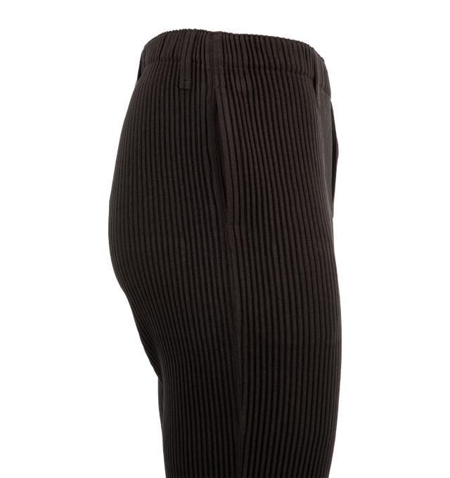 Image 3 of 3 - BROWN - Issey Miyake Kersey Pleat Pants have a concealed drawstring waist with a button fly and 2 side pockets.  