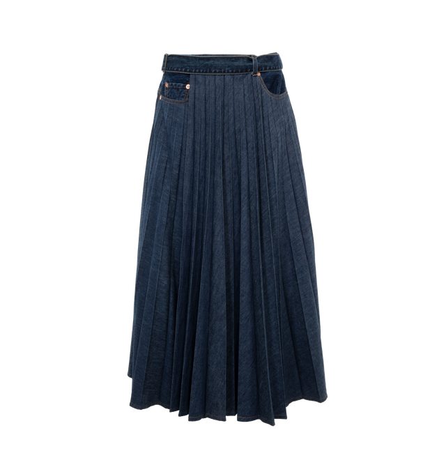 Image 1 of 3 - BLUE - SACAI Pleated Denim Skirt featuring high waist, side slip pockets, back patch pockets, adjustable belt, a-line silhouette and midi length. 100% cotton. Made in Japan. 