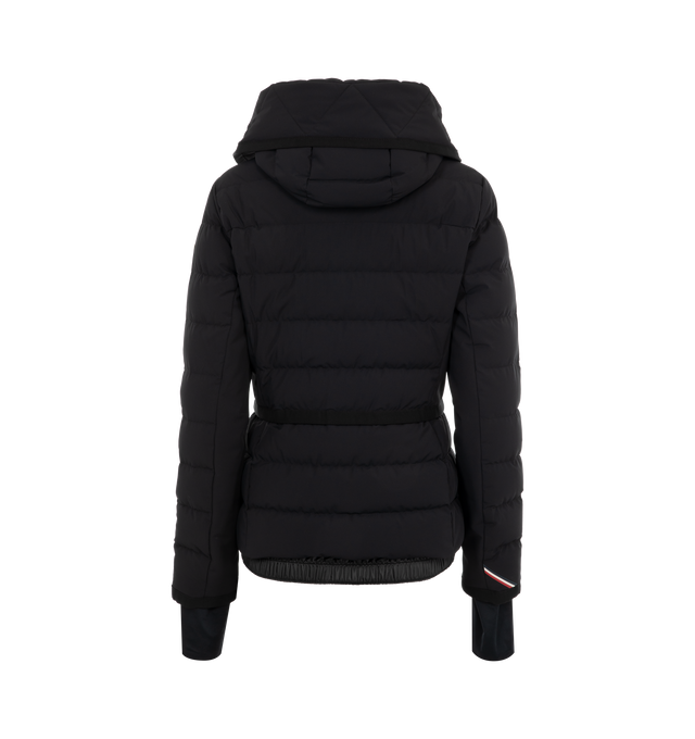 Image 2 of 3 - BLACK - Moncler Lamoura Hooded Shearling Jacket has an adjustable hood, detachable lambskin hood trim, a YKK AquaGuard 2-way zipper closure, exterior zipper pockets, wrist gaiters, an inner powder skirt, and a ski pass pocket. 84% polyamide, 16% nylon. Made in Romania.  