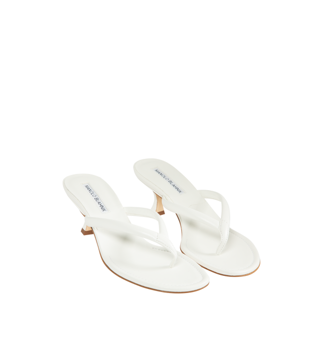 Image 2 of 4 - WHITE - Manolo Blahnik Paterno 50 Leather Sandal featuring nappa leather upper with leather sole, leather lining and footbed, angled round toe with flared kitten heel.Approx 50mm/ 2 inch heel. Made in Italy. 