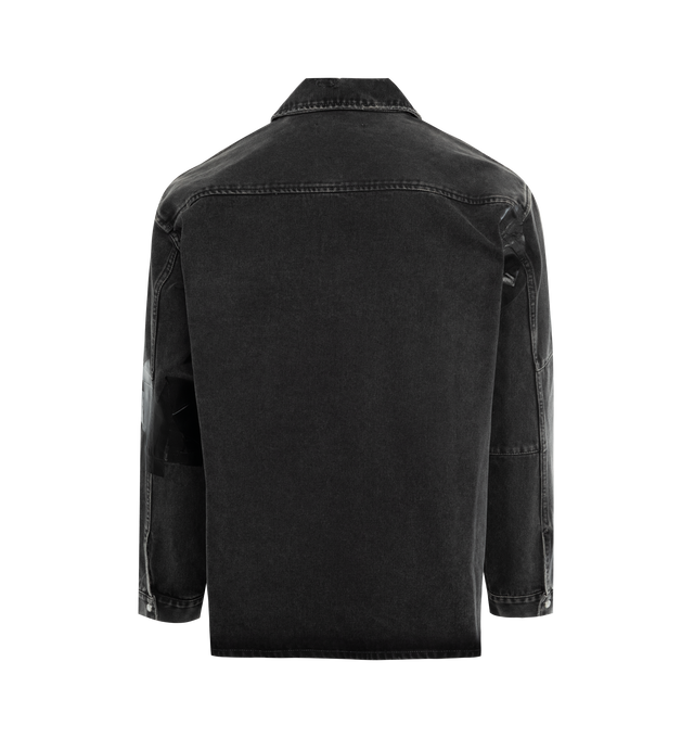 Image 2 of 2 - BLACK - MARTINE ROSE Relaxed fit denim overshirt in washed black cotton with gaffer tape motif patches on the pocket and elbow, branded label stitched on the chest, fold down collar, front button closure and button cuffs. 100% cotton. Unisex brand in men's sizing. 