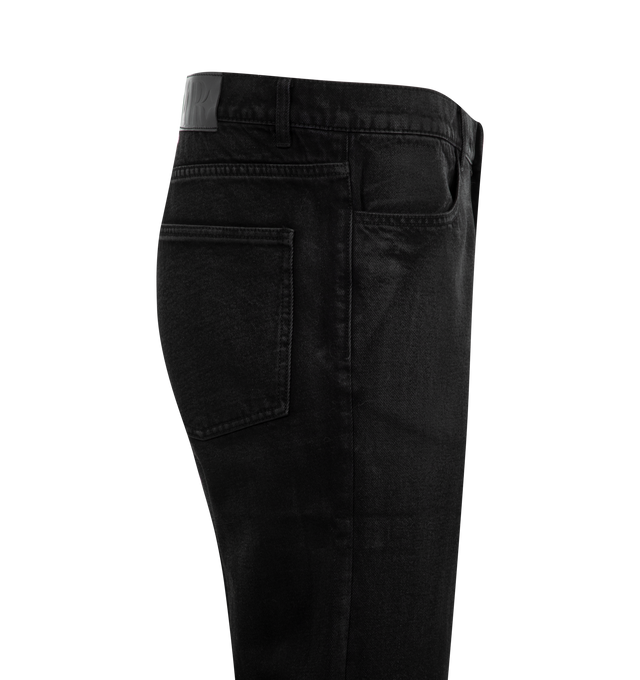 Image 3 of 3 - BLACK - Midnight Rodeo Waxed Boot Cut Trousers are a 4-pocket style with a zipper fly, a light waxed coating that will become more apparent over time, and a leather logo patch at the back. 95% cotton, 5% polyester. 