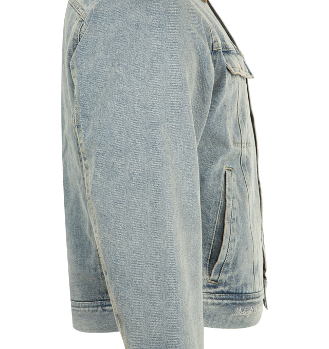 Image 3 of 3 - BLUE - MIDNIGHT RODEO Storm Rider Denim Jacket featuring corduroy collar, washed and distressed, boxy fit and blanket lined interior.  