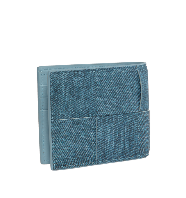 Image 3 of 3 - BLUE - BOTTEGA VENETA Intreccio woven denim-print leather Bi-fold wallet featuring interwoven texture, six interior card slots, debossed branding at interior, interior note compartment. Height 9cm, width 11cm. Made in Italy. 
