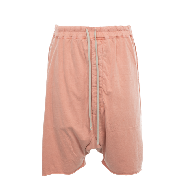 PINK - DRKSHDW Drawstring Shorts featuring mid-rise, elasticated drawstring waistband, concealed front button fastening, drop crotch, two side slit pockets, two rear flap pockets, straight leg, raw-cut hem and below-knee length. 100% cotton.