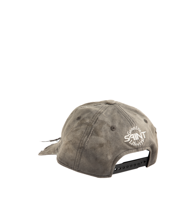 Image 2 of 2 - GREY - The Saint Michael Saint Cap in Charcoal features embroidered SAINT lettering at the front and 666 YEARS lettering at the back. Faded fabric and distressed panels and brim create the worn finish, while a rear adjuster changes the fit. 