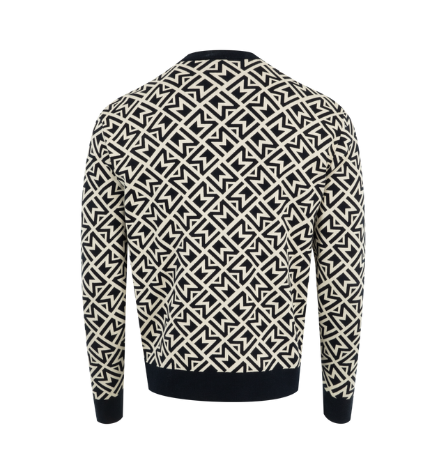 Image 2 of 3 - BLACK - Moncler Monogram Jacquard Sweater has a crew neck, a geometric jacquard knit design, and a boxy waistline. 100% cotton.  