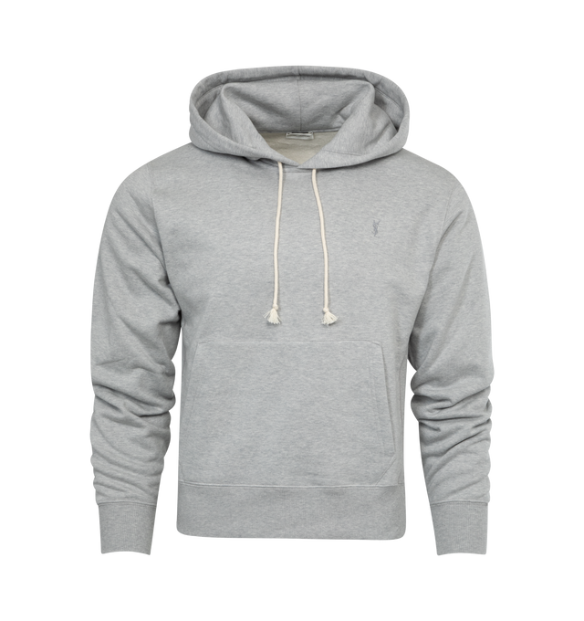 GREY - SAINT LAURENT Cassandre Hoodie featuring a kangaroo pocket, tonal cassandre embroidery on the chest, adjustable drawstring hoodie and ribbed trims. 100% cotton. Made in Italy. 