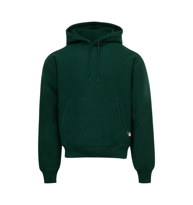 GREEN - Burberry  Men's ivy green cotton hoodie decorated with Equestrian Knight Motif patch at the hem. Featuring drawstring hood, front pouch pocket, drop shoulder, long sleeves, straight hem and ribbed trim. 100% cotton.