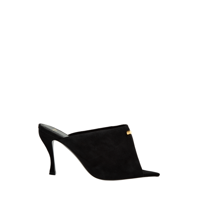 Image 1 of 4 - BLACK - Balenciaga Women's Midnight City Mule is crafted from suede goatskin and features an open-toe silhouette, a deep low-cut vamp, and a sculptural construction. Adorned with two signature City studs, this elevated mule is finished with a sculptural heel, Balenciaga Paris logo at the insole, small gold perforations along the insole edges, a tone-on-tone covered heel, and a black sole. Main Material: Goatskin Suede. Sole: Calfskin. Insole: Lambskin. Heel Height: 95 mm / 3.7 in. Made in Ita 