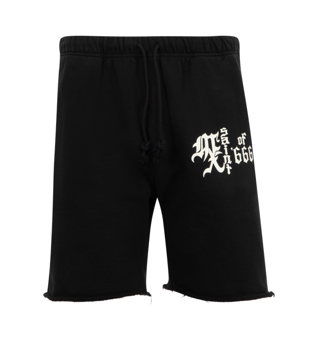 Image 1 of 3 - BLACK - SAINT MICHAEL Sweat Shorts featuring elastic waistband with drawstrings, raw edge, 2 hand pockets and 1 back pocket. 100% cotton. 