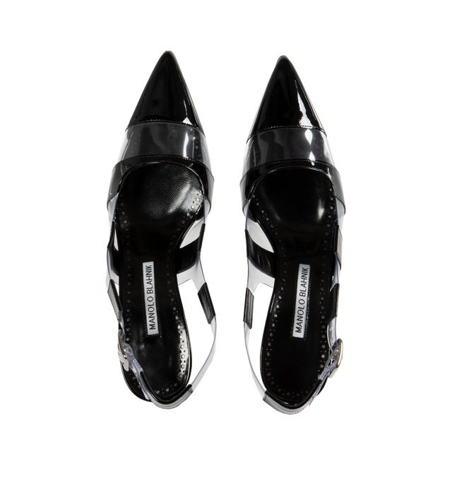 Image 4 of 4 - BLACK - MANOLO BLAHNIK Uxra Slingback Pump featuring striped design with clear cut-out details and buckle closure. Finished with stiletto mid heel. Heel measures 70 mm. 50% calf patent, 50% poly viscose. Sole: 100% calf leather. Lining: 100% kid leather. Made in Italy.  