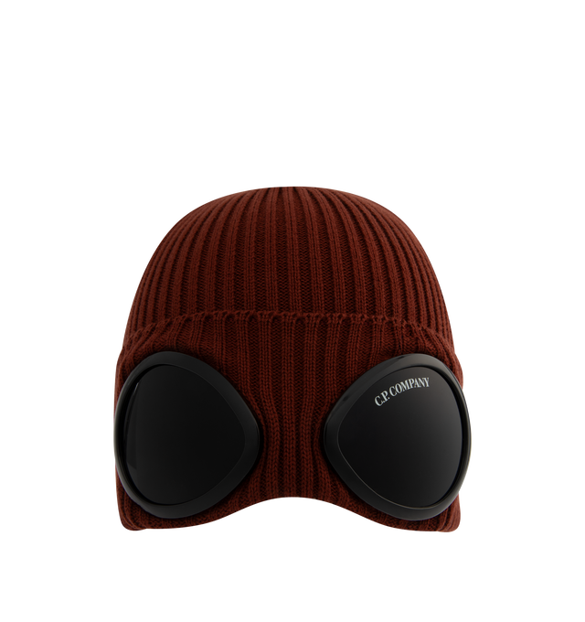 Image 1 of 2 - RED - C.P. Company Goggle Beanie features the brand's goggle detail, a ribbed knit design, and a turned-up brim. 100% cotton. Made in Italy. 